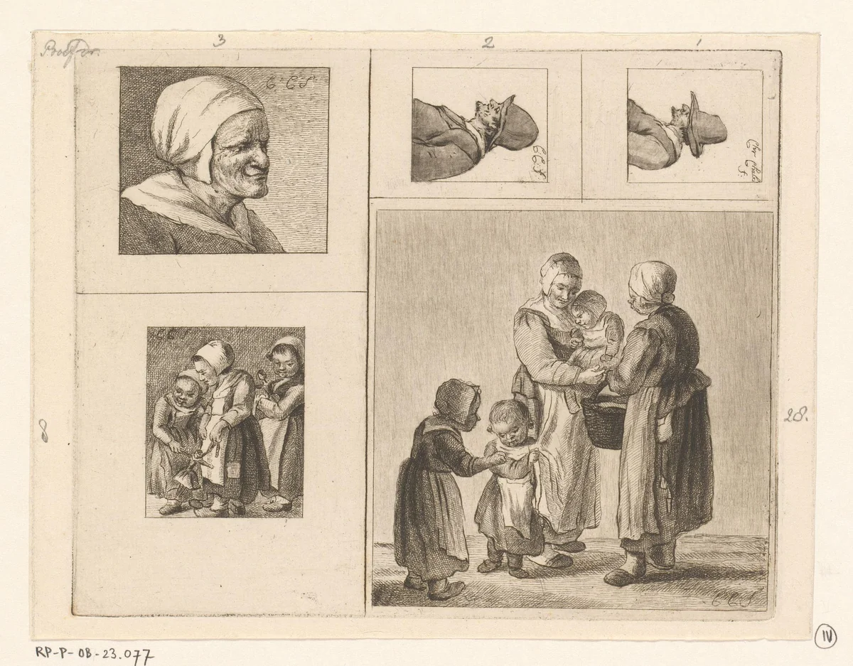Vijf voorstellingen by Pieter de Mare, print, 1779