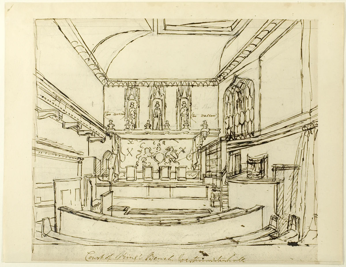 Study for Court of King's Bench, Westminster Hall, from Microcosm of London by Augustus Charles Pugin, drawing, 1807-1808