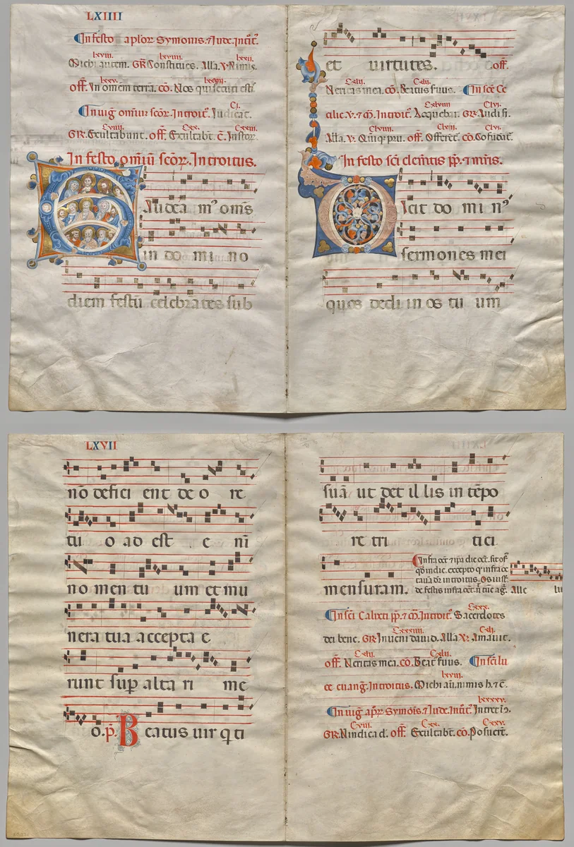Bifolio from a Gradual: Initial (G) with Christ, the Virgin, and Apostles and Initial (O) (recto); Music and Text (verso) by Unknown, manuscript, 1295-1305