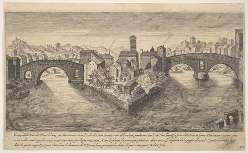 View of the church of San Bartolomeo all'Isola on Tiber Island, Rome, flanked by bridges, plate 37 from "Ruins of the antiquity of Rome, Tivoli, Pozzuoli, and other places" (Vestigi della antichità di Roma, Tivoli, Pozzvolo et altri luochi) by Aegidius Sadeler II, print, 1606