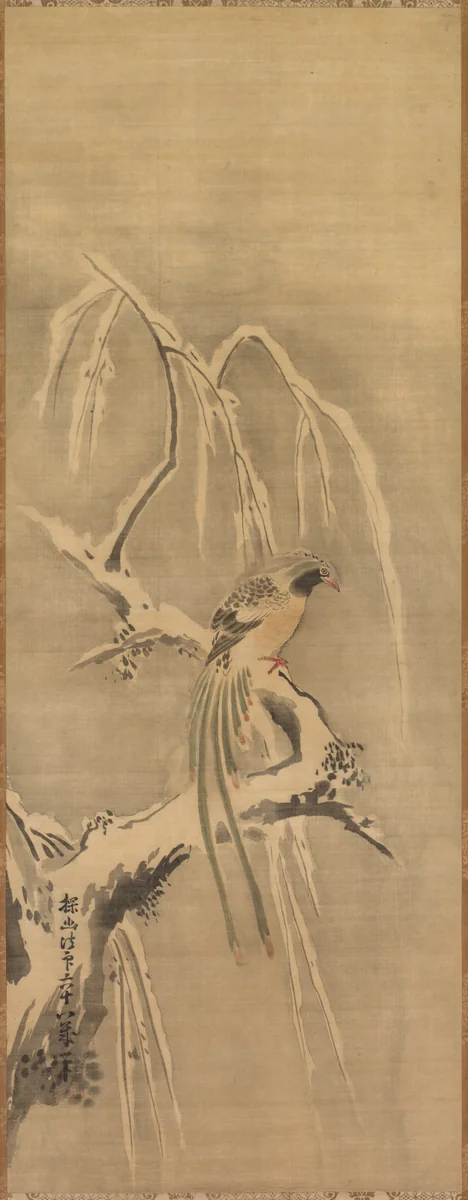 Chinese Bird on Snow-Laden Branch by Kano Tan'yū (狩野探幽), painting, 1661