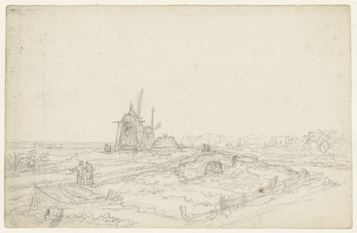 Landschap met twee molens by Georges Michel, drawing, 1773-1843