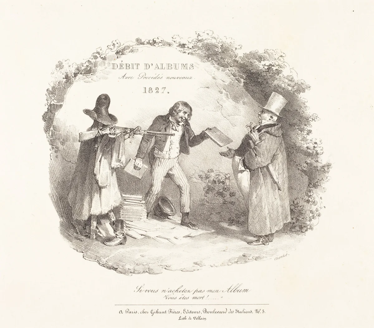 Débit d'Albums avec Procédés nouveaux (New Methods for the Sale of Lithograph Albums) by Nicolas Toussaint Charlet, print, 1827