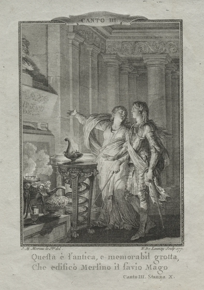 In the Grotto of Merlin, the Magician by Nicolas Delaunay, print, 1771