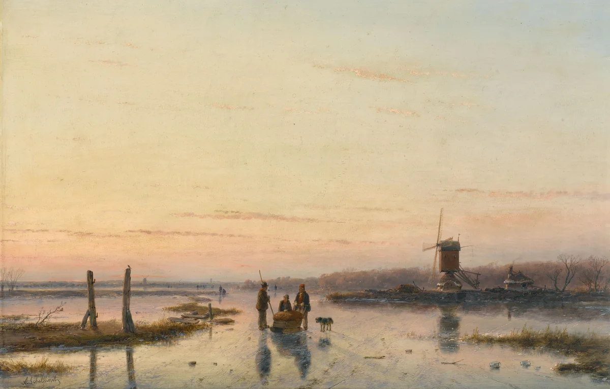 Windmill beside a frozen river by Andreas Schelfhout, painting, 1860-1862