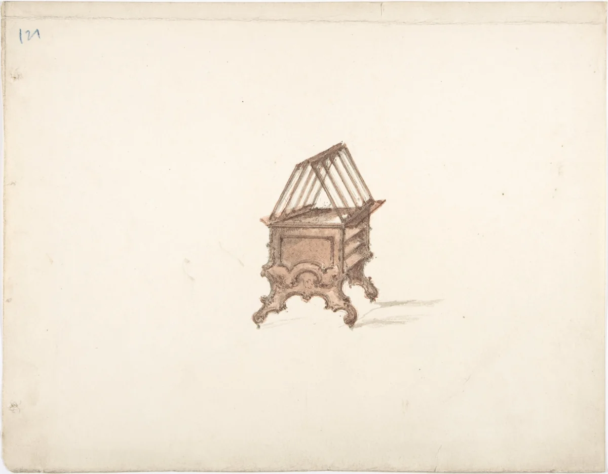 Design for a Two-sided Bookstand with Shelves (Verso: sketch) by anonymous, drawing, 1800-1850