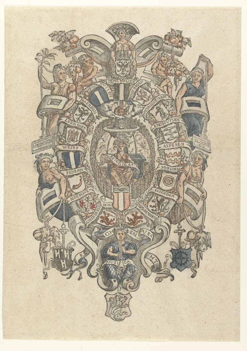 Ontwerp voor het blazoen voor de Dordtse rederijkerskamer De Fonteynisten by anonymous, print, 1547-1557