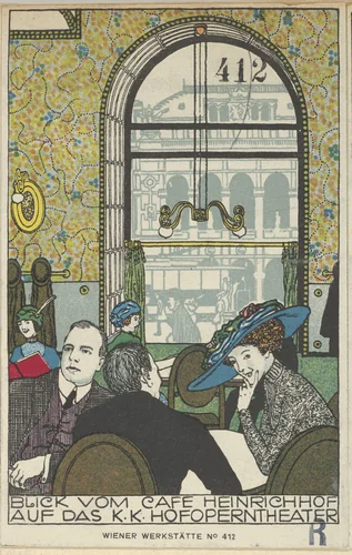 View from Café Heinrichhof of the Imperial and Royal Court Opera Theater (Blick vom Cafe Heinrichhof auf das K.K. Hofoperntheater) by Gustav Kalhammer, print, 1911