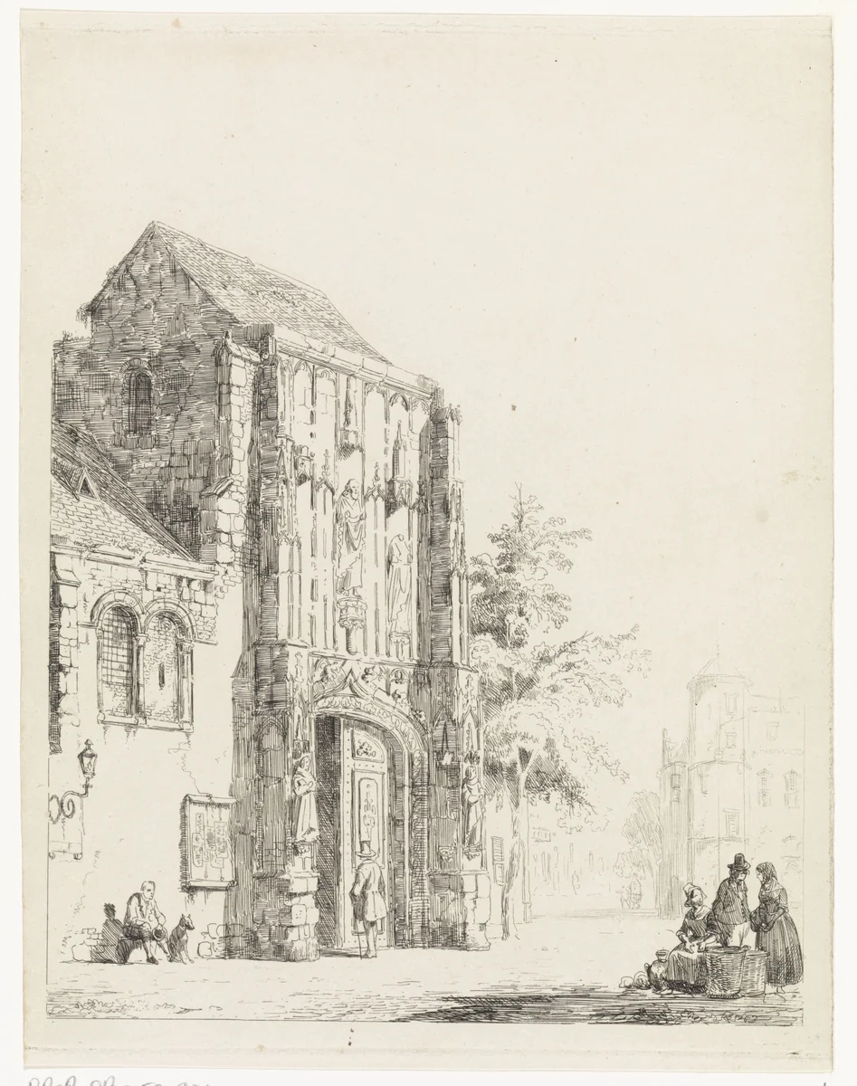 Verkopers voor een kerkportaal by Cornelis Springer, print, 1827-1891