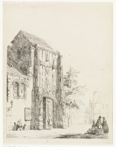 Verkopers voor een kerkportaal by Cornelis Springer, print, 1827-1891