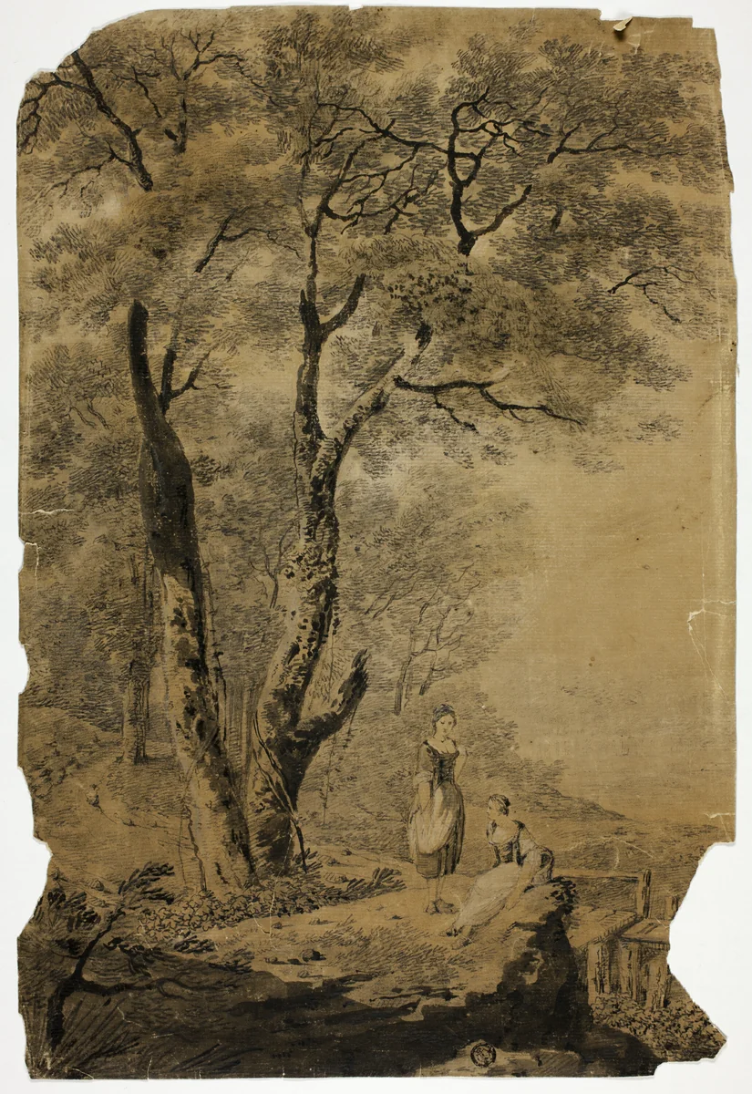 Wooded Landscape with Two Women in Foreground by Jean Baptiste Pillement, drawing, 1748-1808