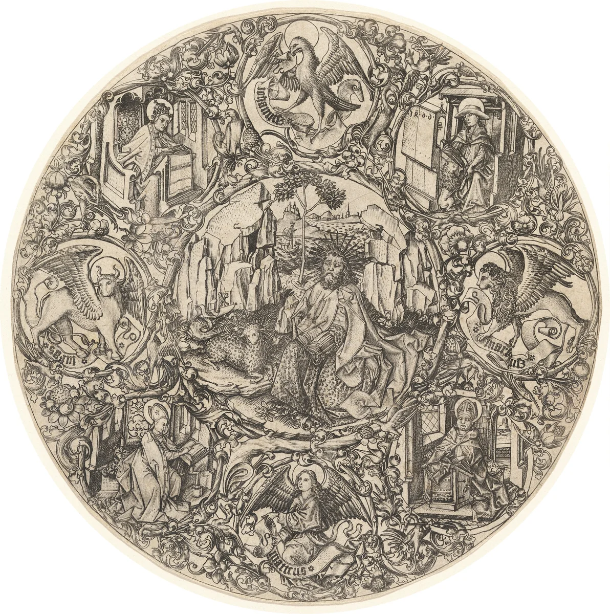 Saint John the Baptist in the Wilderness with the Lamb of God, Surrounded by the Symbols of the Evangelists and the Four Fathers of the Church by Master E. S., print, 1466