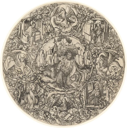 Saint John the Baptist in the Wilderness with the Lamb of God, Surrounded by the Symbols of the Evangelists and the Four Fathers of the Church by Master E. S., print, 1466
