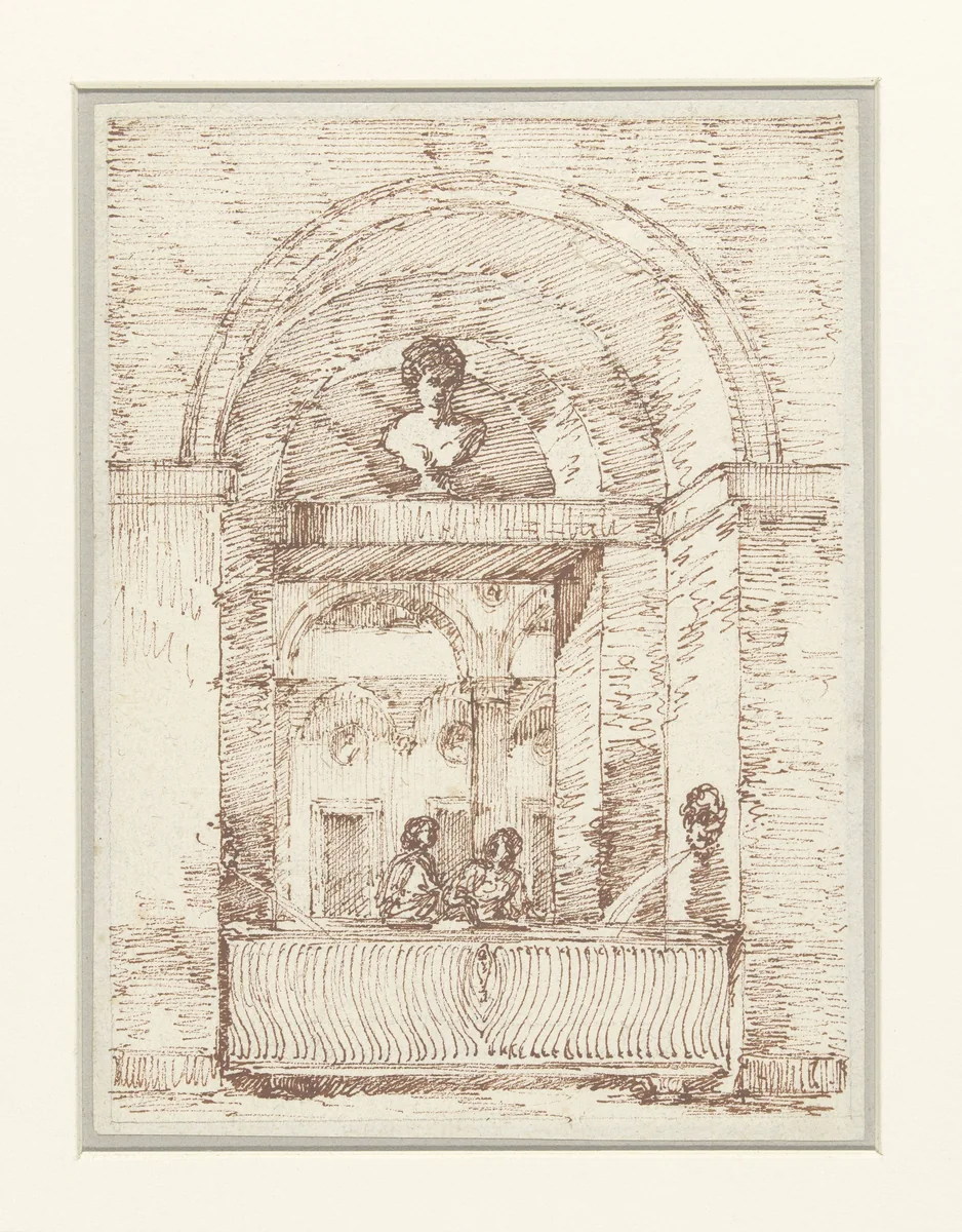 Romeins portiek met twee vrouwen die water halen by Victor Jean Nicolle, drawing, 1787-1811