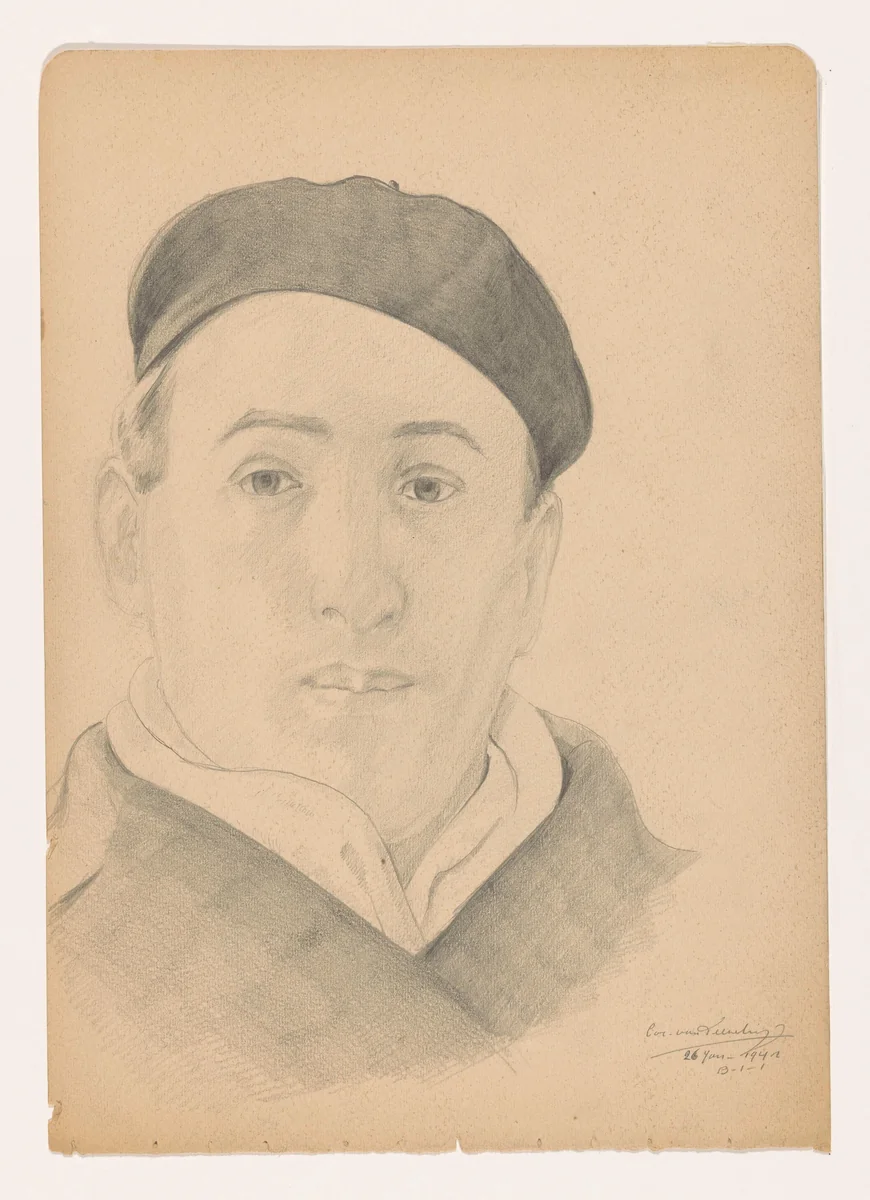 Zelfportret en face met pet: B-1-1, 26 januari by Cor van Teeseling, drawing, 1942