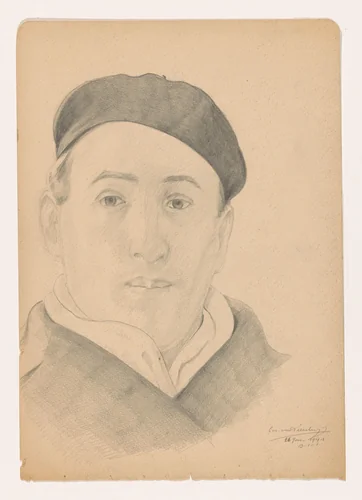 Zelfportret en face met pet: B-1-1, 26 januari by Cor van Teeseling, drawing, 1942