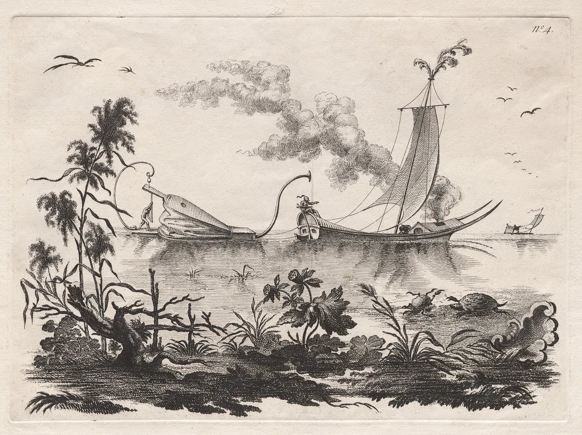The Manner of sailing by the power of Bellows practiced on that Planet by Filippo Morghen, print, 1764-1774