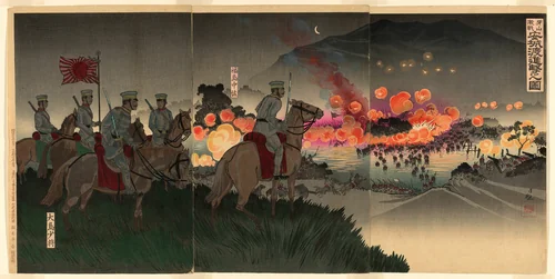 Advancing across the Ansong River at the Battle of Asan (Gazan gekisen Anjo no watashi shingeki no zu) by Kobayashi Kiyochika, print, 1894