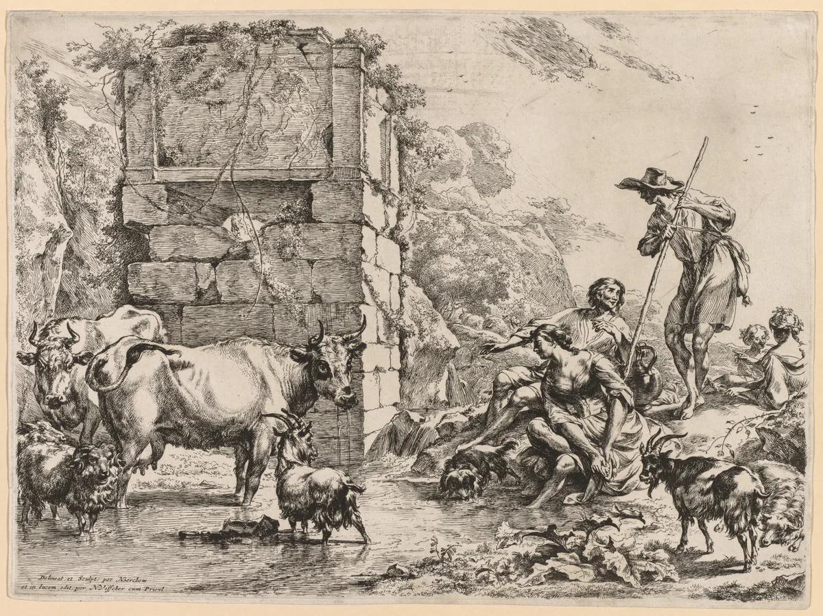 The Cow Drinking by Nicolaes Berchem, print, 1675-1685
