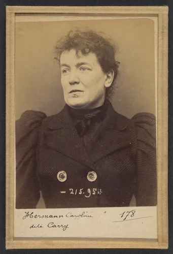 Herman. Caroline. 33 ans, née à Paris Vllle. Couturière. Disposition du Préfet (Anarchie). 21/3/94. by Alphonse Bertillon, photograph, 1894