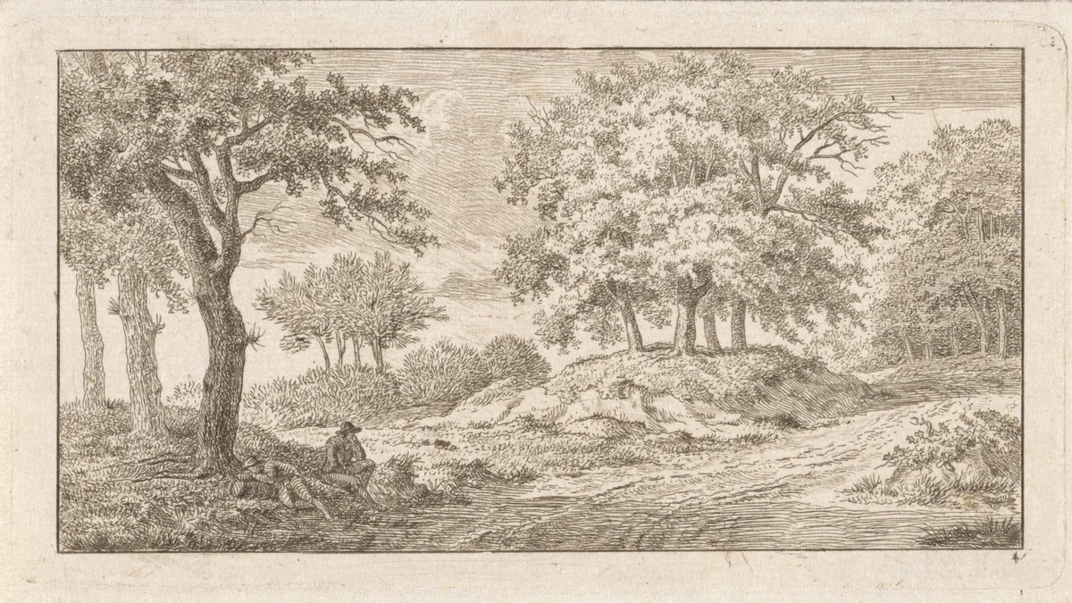 Twee rustende figuren naast een bospad by Johan Christiaan Willem Safft, print, 1788-1849