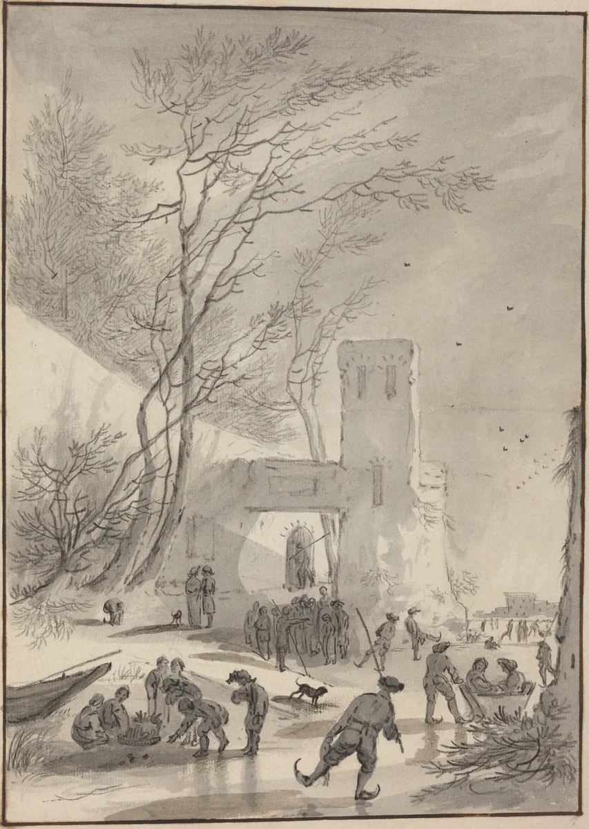 Skaters Outside a City Wall by Hendrik van der Straaten, drawing, 1665-1722