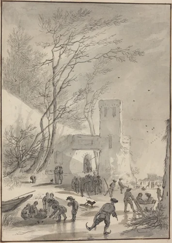 Skaters Outside a City Wall by Hendrik van der Straaten, drawing, 1665-1722