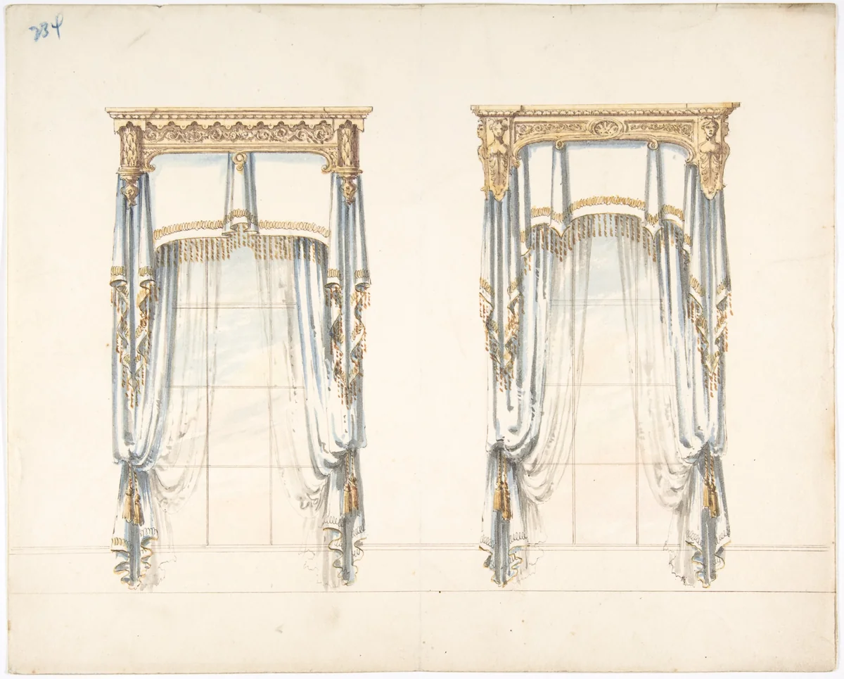 Design for Two White Curtains with Gold Fringes and a Gold Pediment by anonymous, drawing, 1800-1850