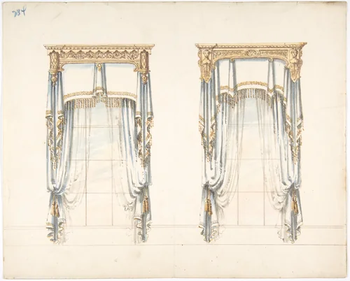 Design for Two White Curtains with Gold Fringes and a Gold Pediment by anonymous, drawing, 1800-1850