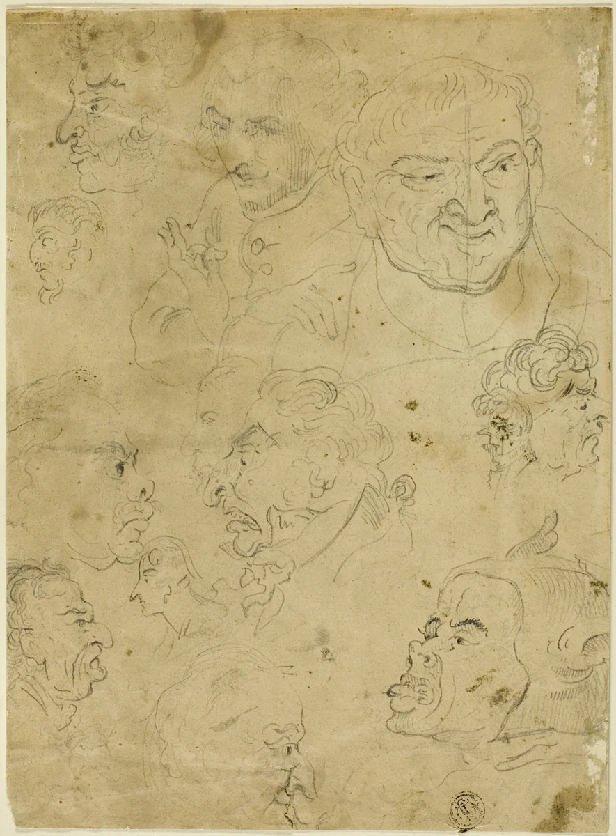 Sketches of Caricature Heads (recto), and Various Small Figures (verso) by George Woodward, drawing, 1770-1809