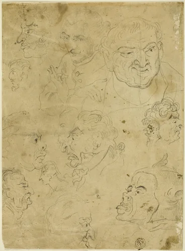 Sketches of Caricature Heads (recto), and Various Small Figures (verso) by George Woodward, drawing, 1770-1809