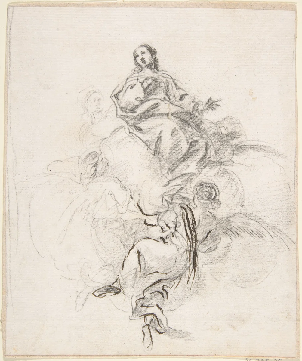 Virgin of the Immaculate Conception Seated on Clouds, Supported by Four Angels by Pedro Duque Cornejo, drawing, 1700-1755