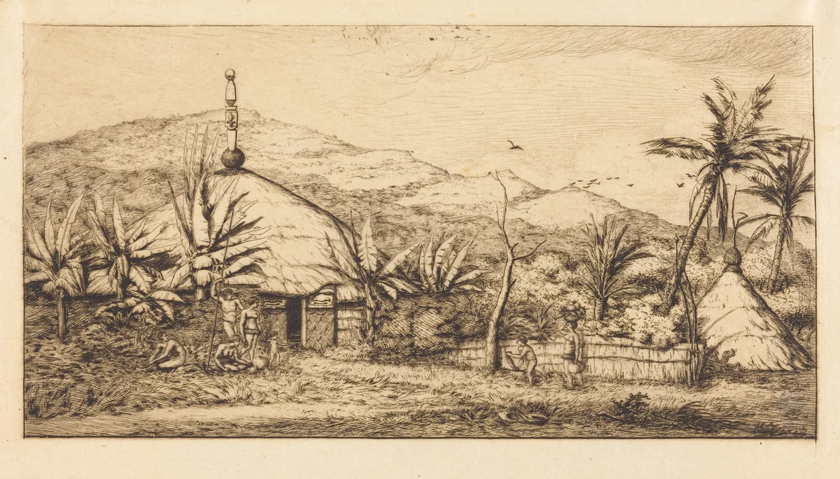 Nouvelle-Calédonie: Grande case indigène sur le chemin de Ballade à Poepo, 1845 (New Caledonia: Large Native Hut on the Road from Balade to Puebo, 1845) by Charles Meryon, print, 1863