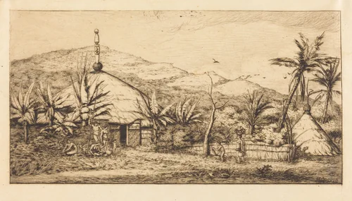 Nouvelle-Calédonie: Grande case indigène sur le chemin de Ballade à Poepo, 1845 (New Caledonia: Large Native Hut on the Road from Balade to Puebo, 1845) by Charles Meryon, print, 1863