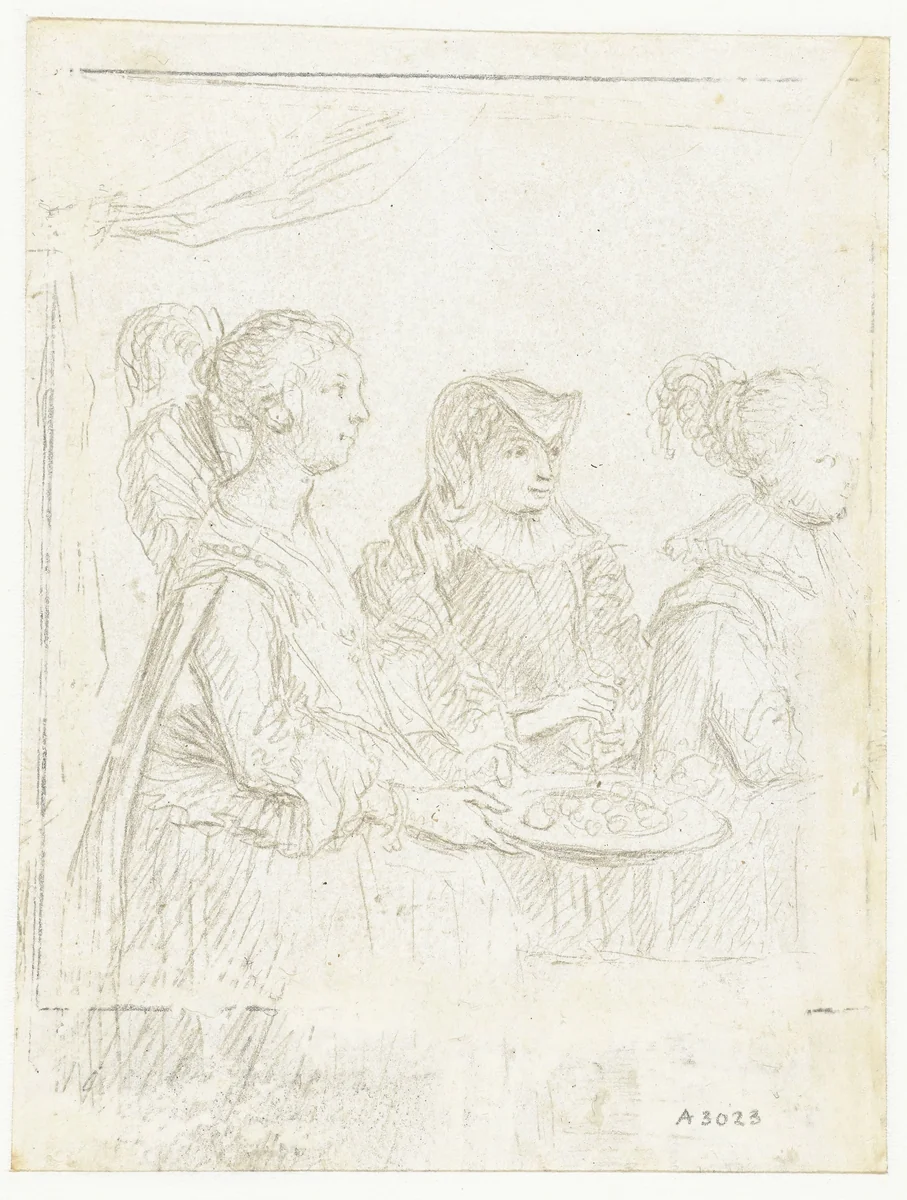 Twee hofdames en een voorname vrouw in rouwkleding (Amalia van Solms?) by Jacques de Gheyn, drawing, 1625
