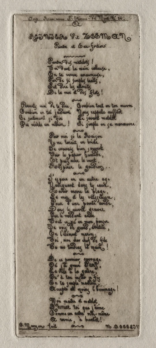 Etchings of Paris: Dedication to Reynier Nooms, called Zeeman by Charles Meryon, print, 1854