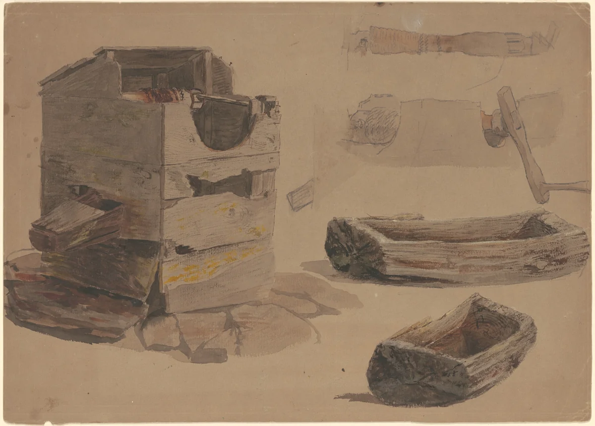 Studies of a Well and Wooden Trough by Enoch Wood Perry, Jr., drawing, 1870-1900