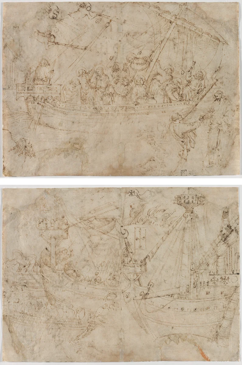 Navicella (recto); Two Drawings of Ships (verso) by Parri Spinelli, drawing, 1410-1419