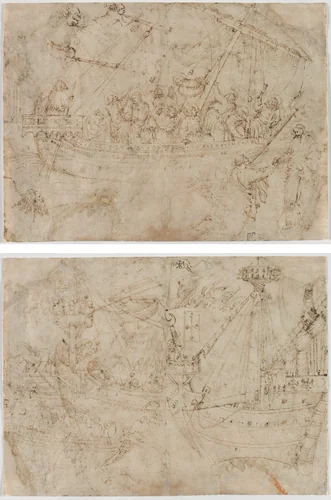 Navicella (recto); Two Drawings of Ships (verso) by Parri Spinelli, drawing, 1410-1419