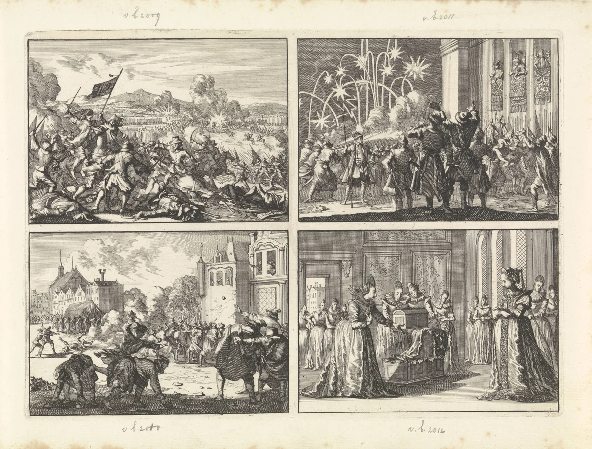 Overwinning der Zweden op het leger van de keizer bij Wittstock, 1636 / Koning Ladislas VI van Polen raakt gewond terwijl hij vanuit zijn paleis een vuurwerk aanschouwt, 1636 / Oproer te Lublin tijdens de begrafenis van een niet-katholiek, 1632 / Praagse vrouwen bieden koningin Elisabeth een wieg en kleren aan voor haar te verwachten kind, 1619 by Caspar Luyken, print, 1698