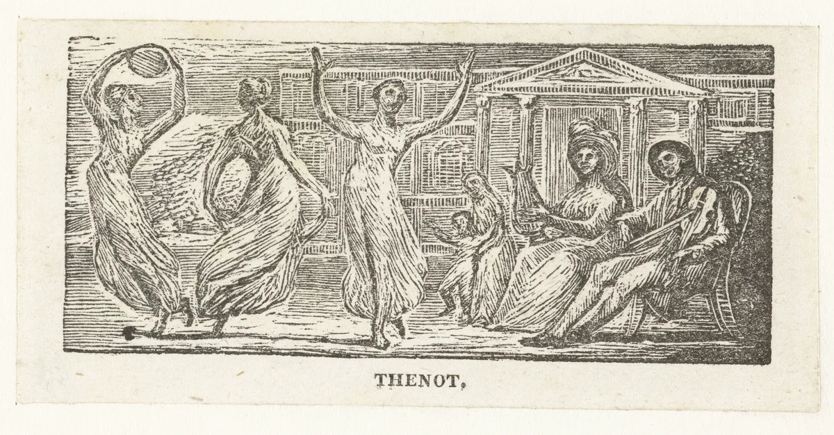 Menalclas kijkt naar dansende vrouwen by William Blake, print, 1820-1821