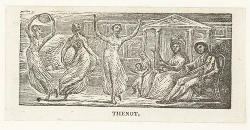 Menalclas kijkt naar dansende vrouwen by William Blake, print, 1820-1821