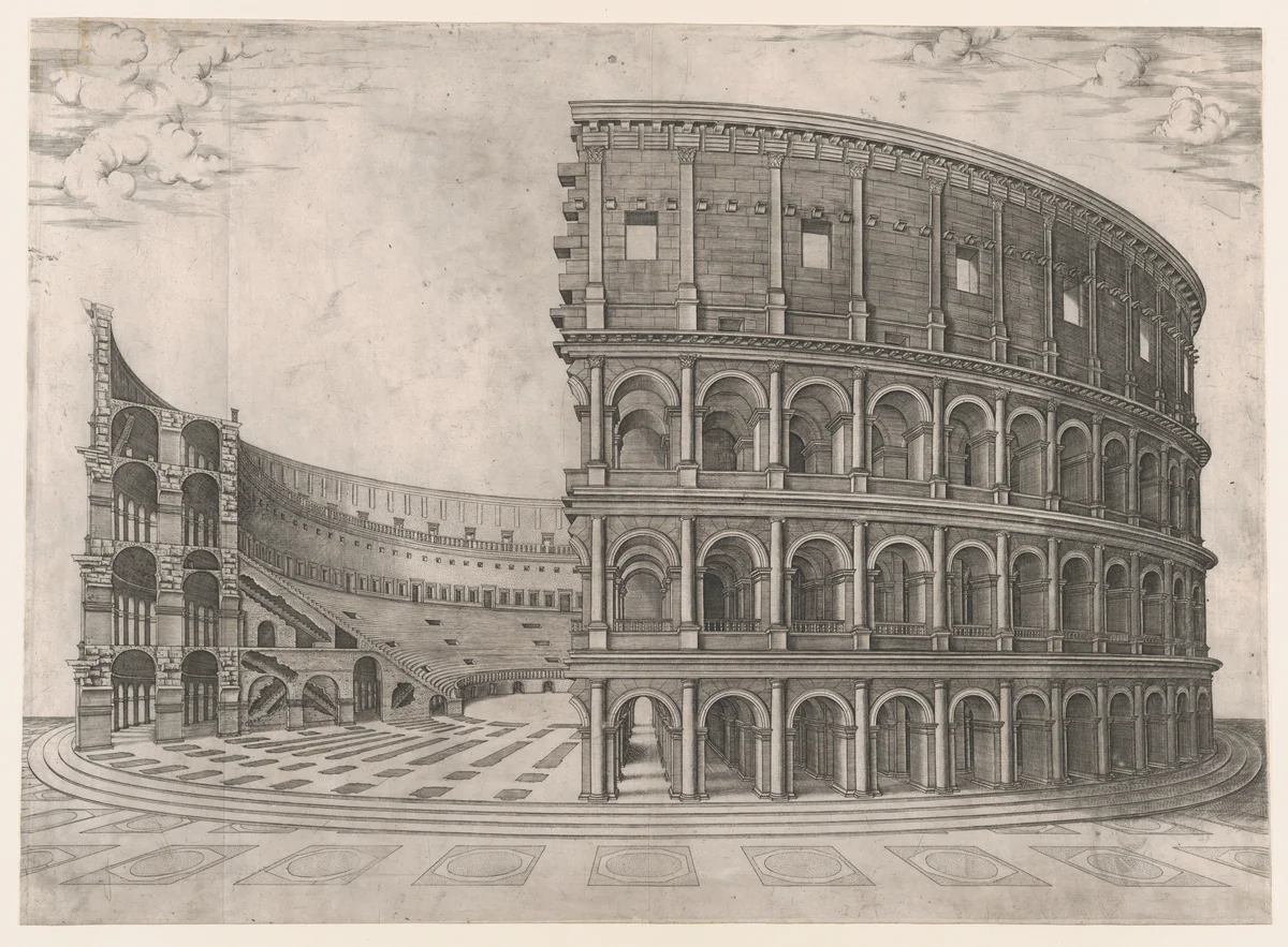 Interior and Exterior of the Colosseum, from "Speculum Romanae Magnificentiae" by anonymous, print, 1530-1580