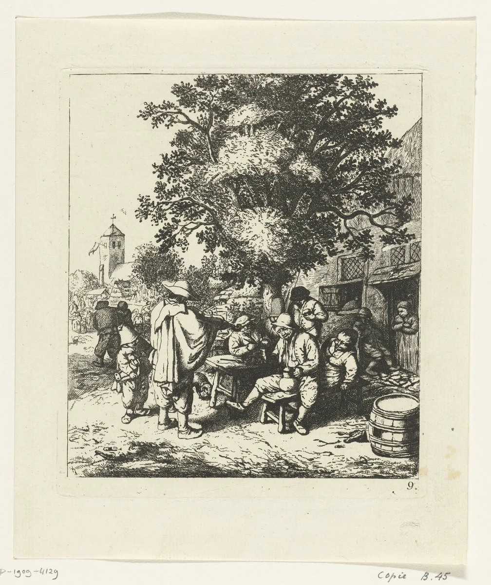 Vioolspeler en een jonge lierdraaier by anonymous, print, 1654-1745