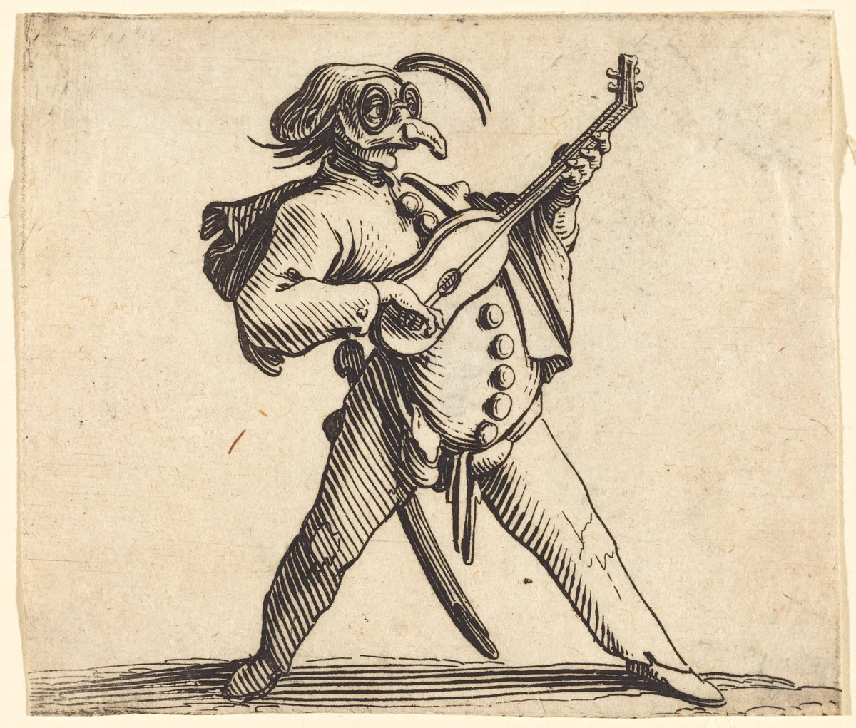 The Masked Comedian Playing a Guitar by Jacques Callot, print, 1622