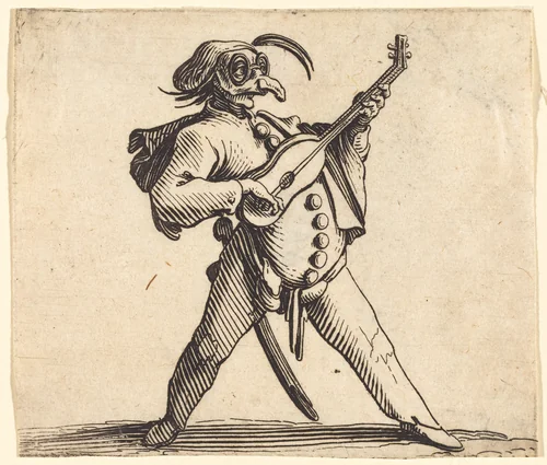 The Masked Comedian Playing a Guitar by Jacques Callot, print, 1622