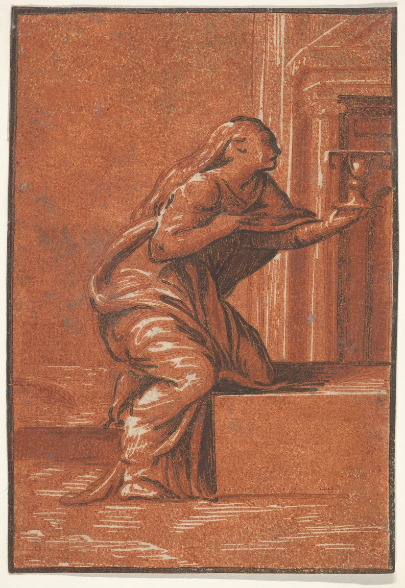 Female personification of Faith who kneels raising a chalice in her left hand, after Parmigianino by anonymous, print, 1515-1525