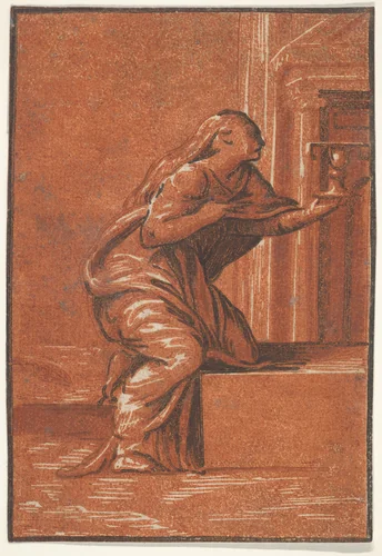 Female personification of Faith who kneels raising a chalice in her left hand, after Parmigianino by anonymous, print, 1515-1525