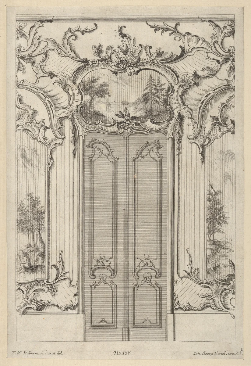Wall Elevation with a Double Door, from 'Wandfüllungen' by Franz Xavier Habermann, print, 1748-1770