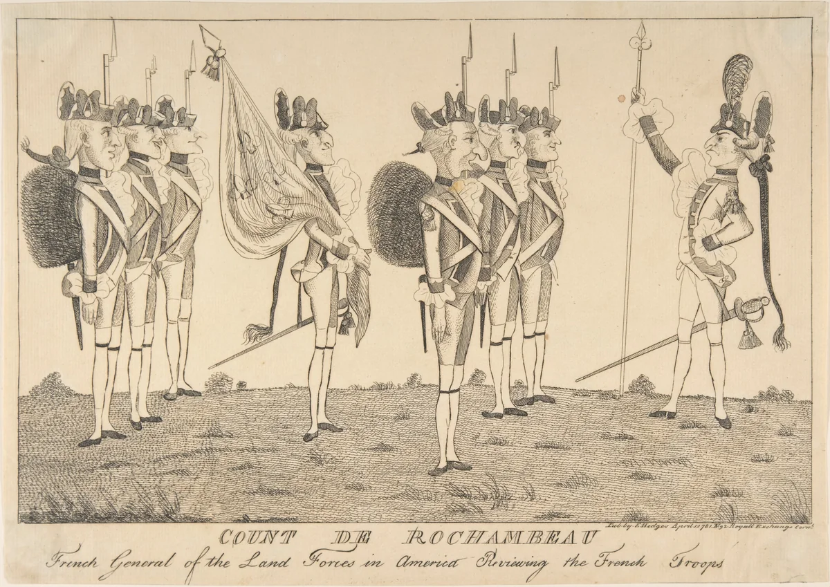 Count de Rochambeau, French General of the Land Forces in America Reviewing the French Troops by anonymous, print, 1781